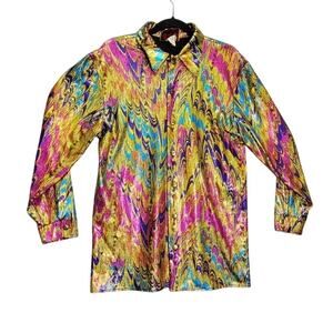 Charades Disco Bright Neon Party Metallic Poly Blend Button Down Gold DressShirt